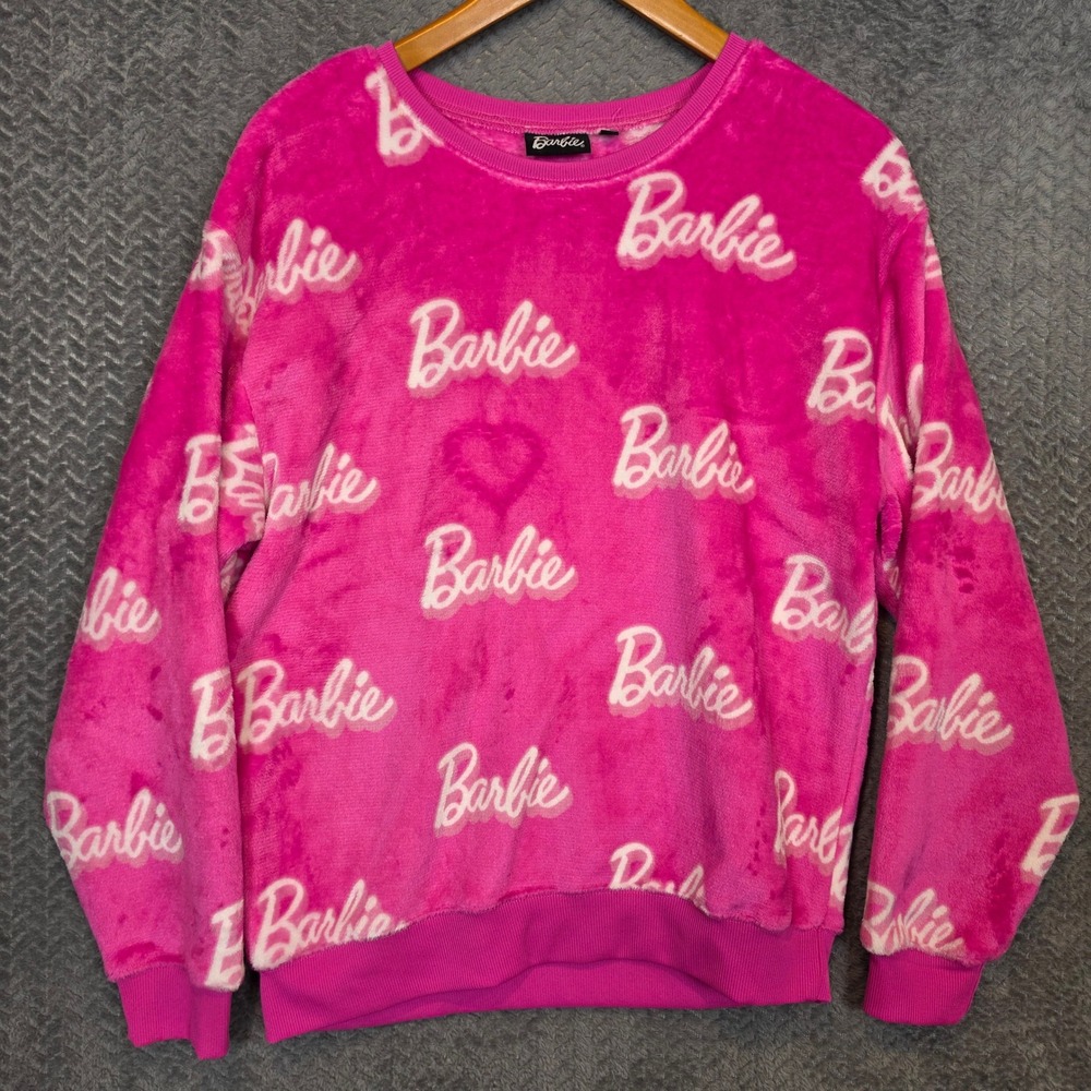 Barbie Womens Hot Pink All Over Logo Plush Fleece Sweatshirt Size M RN 86947